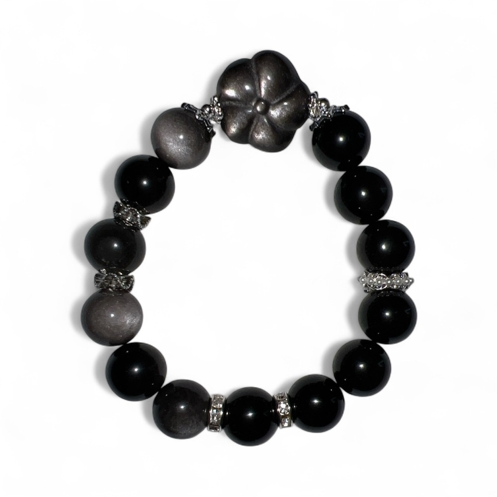 High Quality Silver Sheen Obsidian Stretch Bracelet HANDMADE Double Sided Flower - Picture 10 of 12